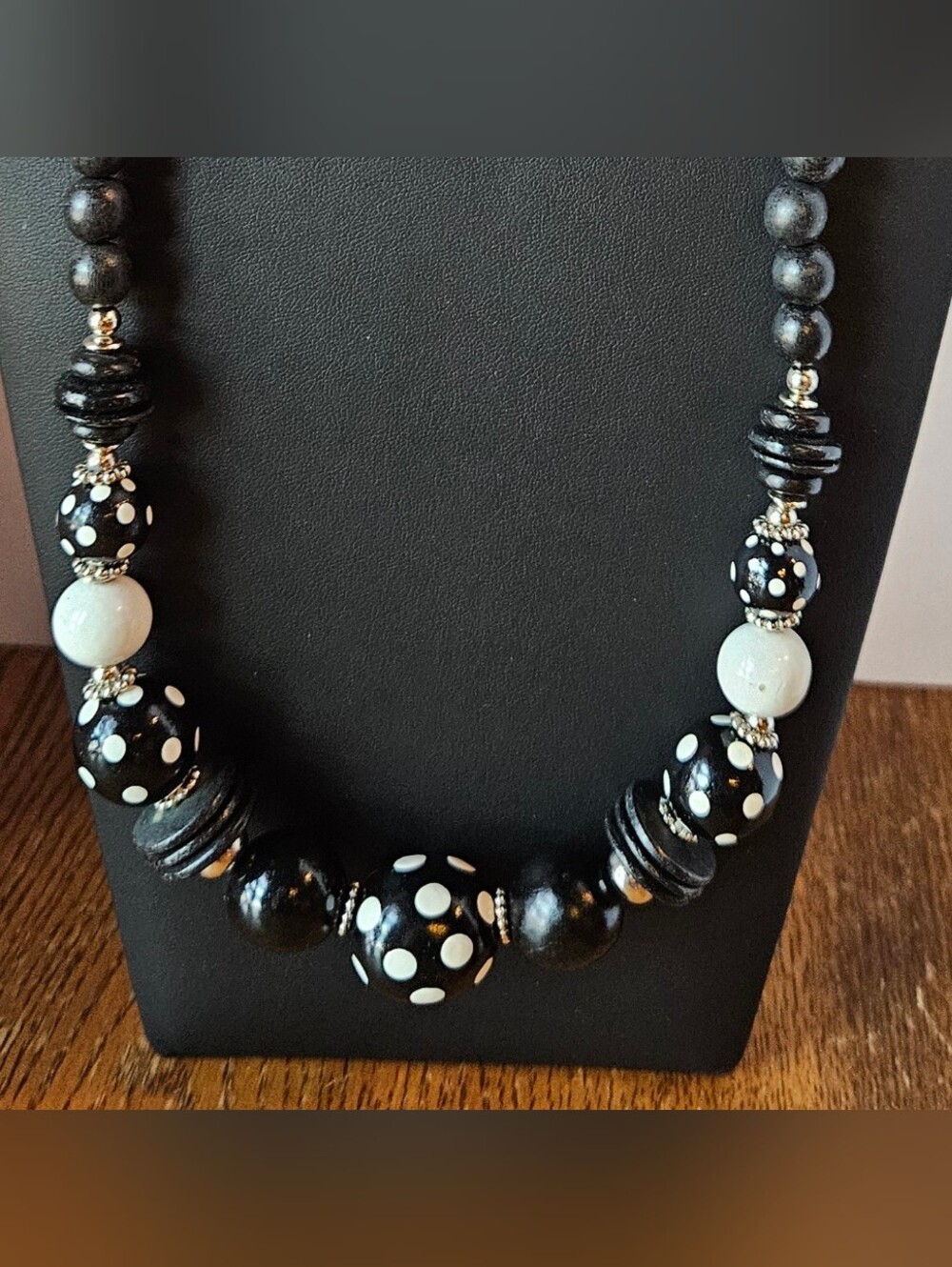 Vintage Black White Polka Dot Beaded Necklace Chunky 14"